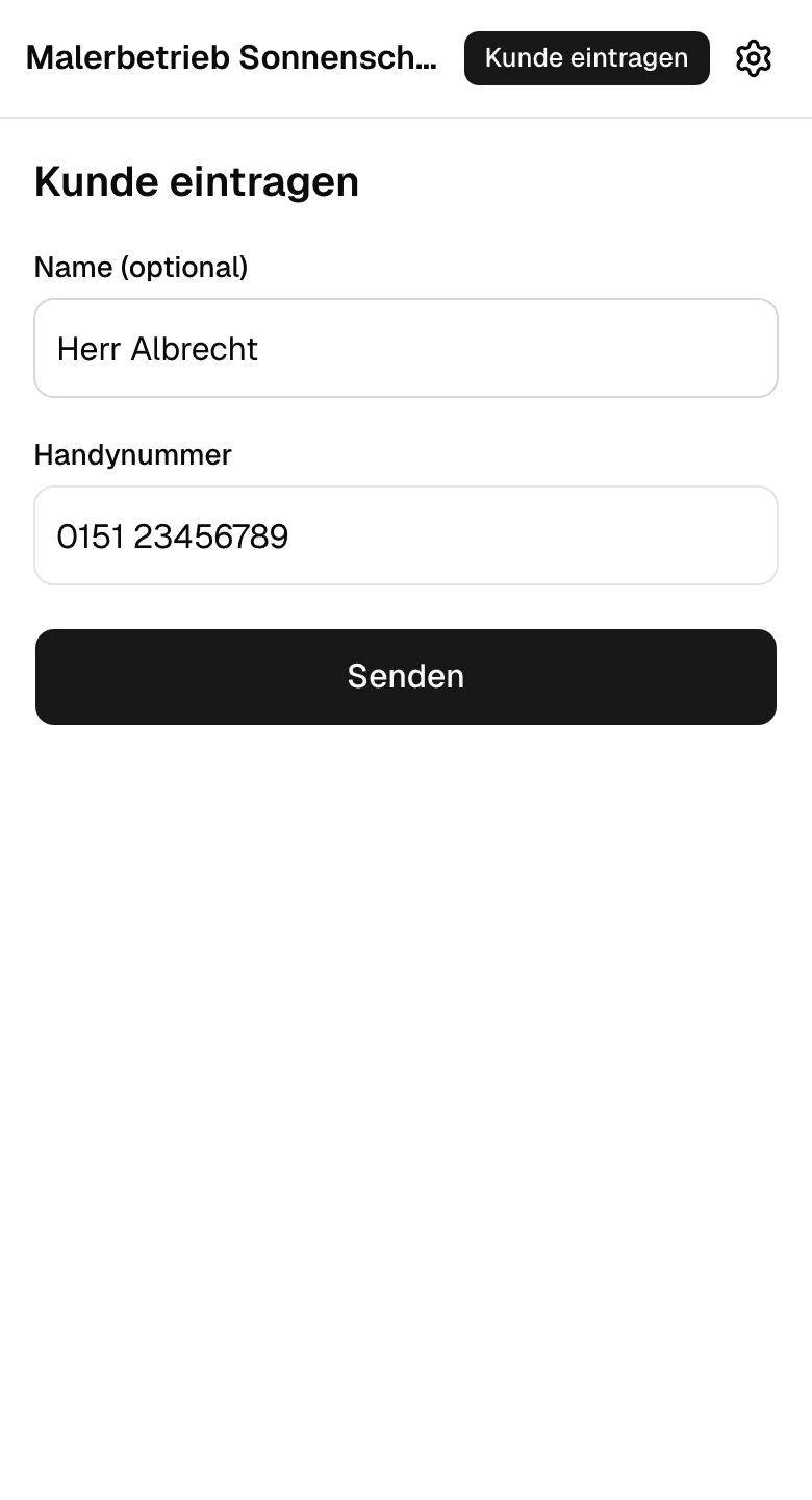 Formular „Kunde eintragen“ mit Name und Handynummer